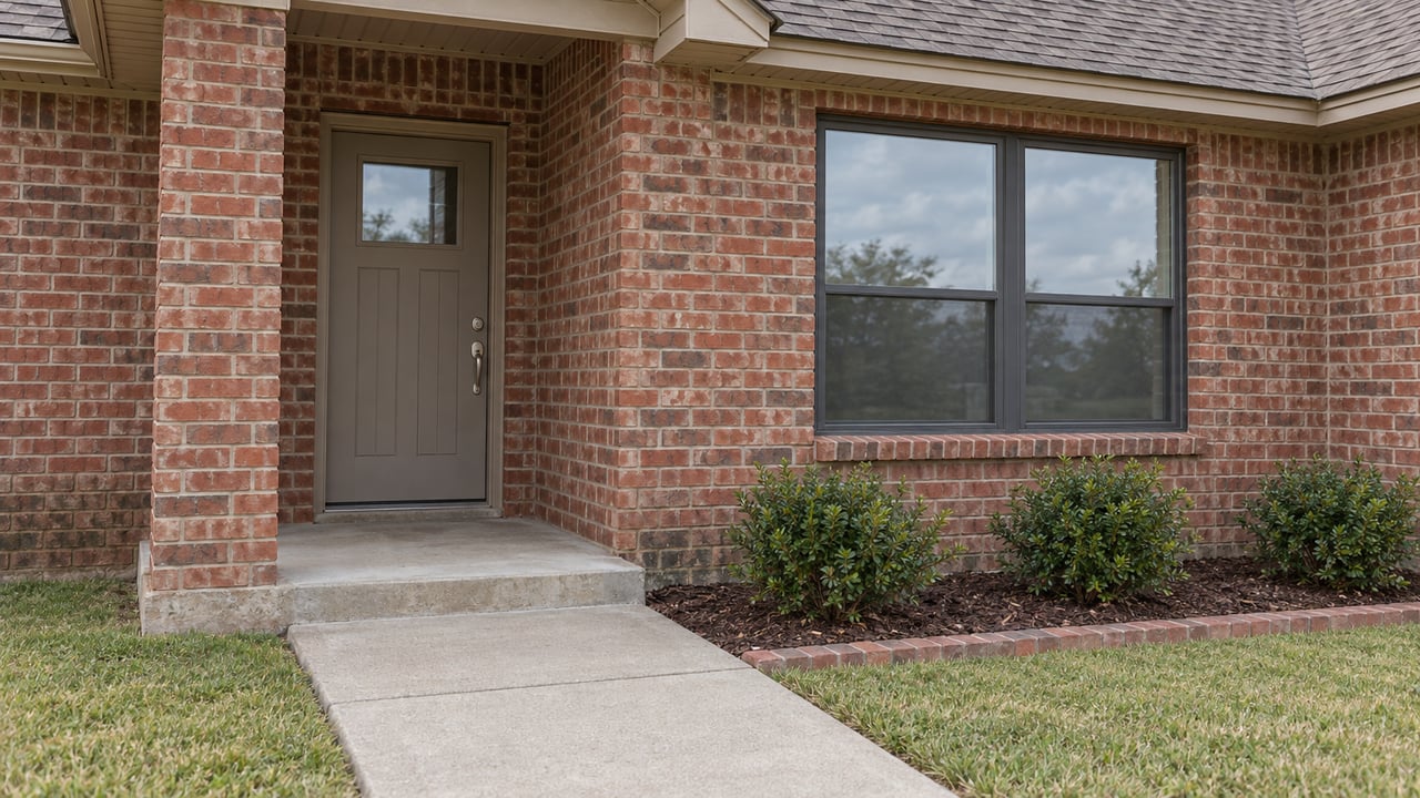 Red brick single-story home entry with a taupe door, charcoal-framed window, concrete approach, and modest planted bed beside a broad lawn.