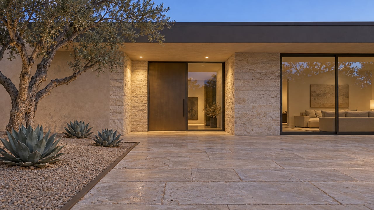 Twilight at a contemporary home's limestone entry, with bronze glazing, a broad stone approach, desert ironwood and three sculptural agaves.