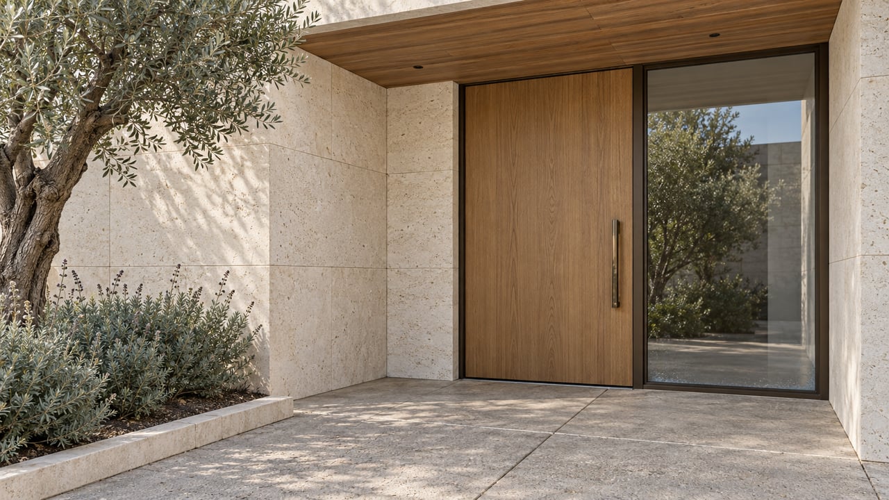 Close view of a contemporary home's recessed oak entrance, pale limestone walls and bronze-framed glass beside a sculptural olive tree.