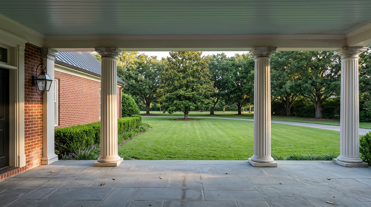 Bluestone porch framed by white fluted columns, looking out toward a magnolia, curved drive, and distant tree line.