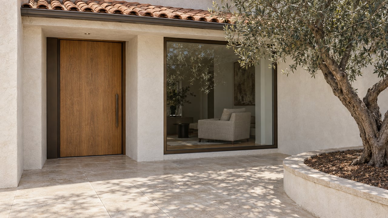 Pale stucco home with a recessed oak entry, bronze-framed window, limestone terrace, and a mature olive in a curved raised bed.