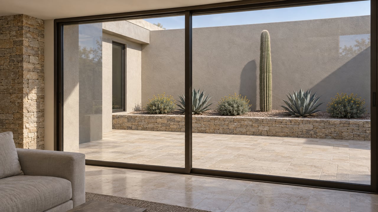 Living room with bronze-framed sliding glass doors opening onto a paver terrace and cactus courtyard.