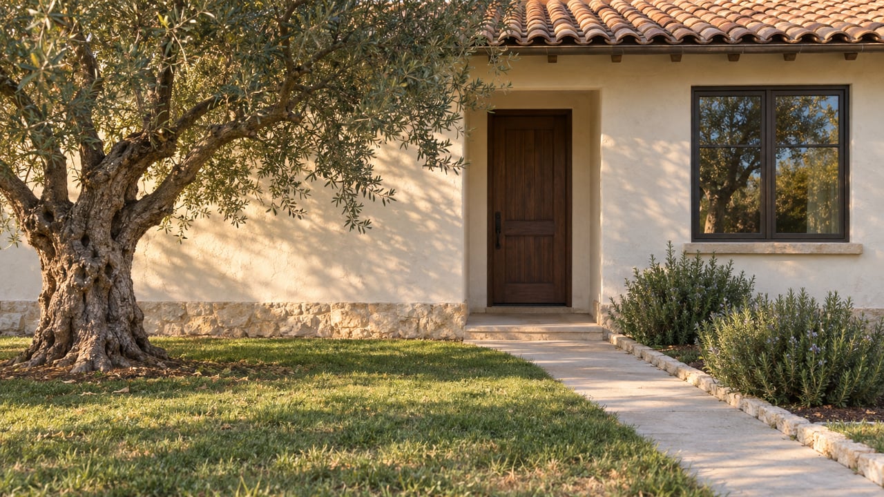 Stucco home with a recessed wooden door, tiled roof, olive tree, and rosemary beside a concrete walk.