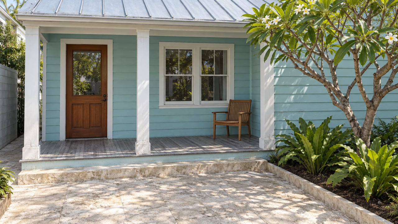 A pale turquoise wood cottage with a shaded porch, teak chair and limestone courtyard beside a flowering plumeria.