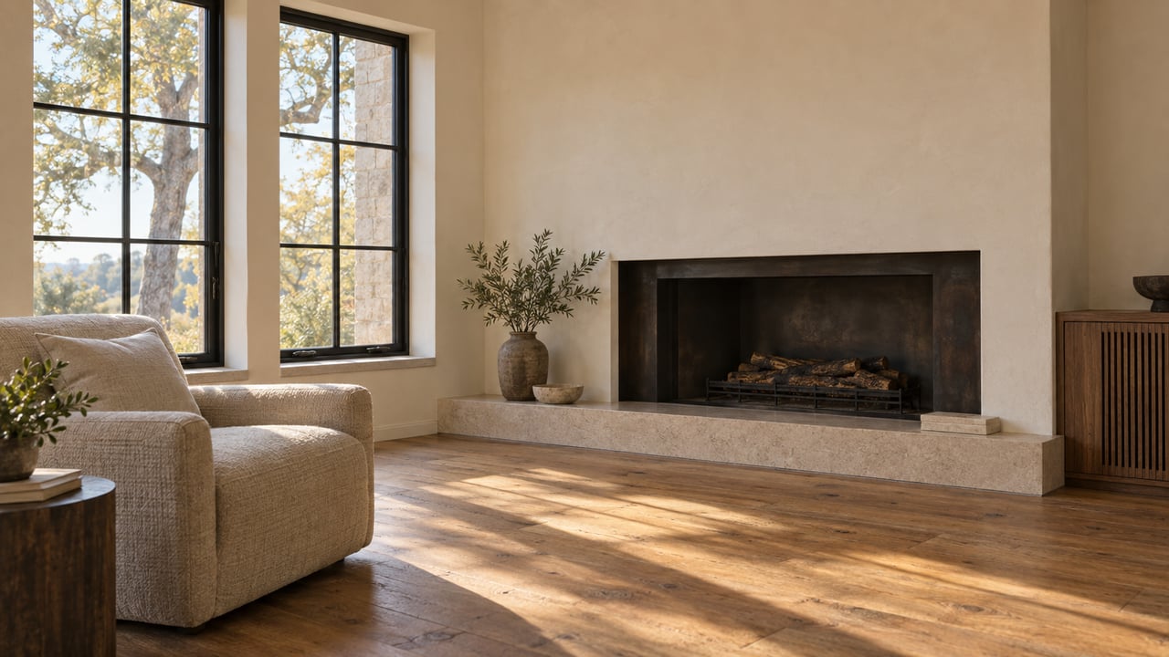 Living room with two casement windows, an oatmeal chair, oak floors, and a linear fireplace with limestone hearth.