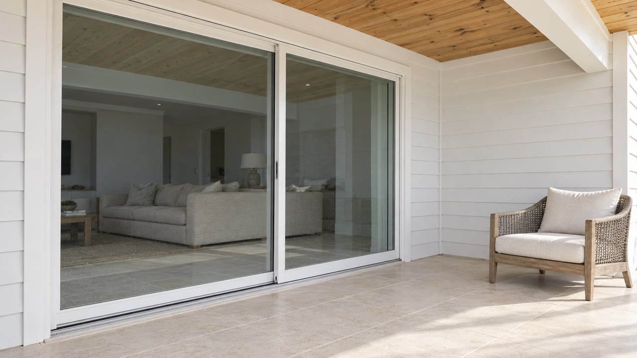 Covered terrace with white siding, closed glass sliders, a warm wood ceiling and a teak outdoor chair.