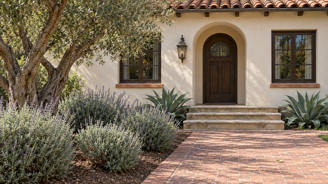 Cream stucco home with an arched oak entry, weathered clay roof tiles, brick garden walk and a mature olive tree.