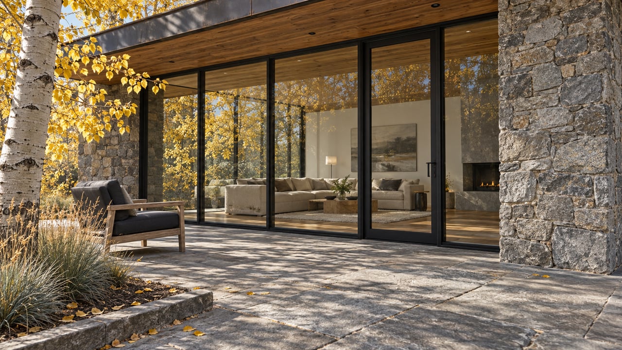 Timber-lined roof above black steel glazing and a gray stone terrace, with golden aspen foliage and a weathered teak lounge chair.