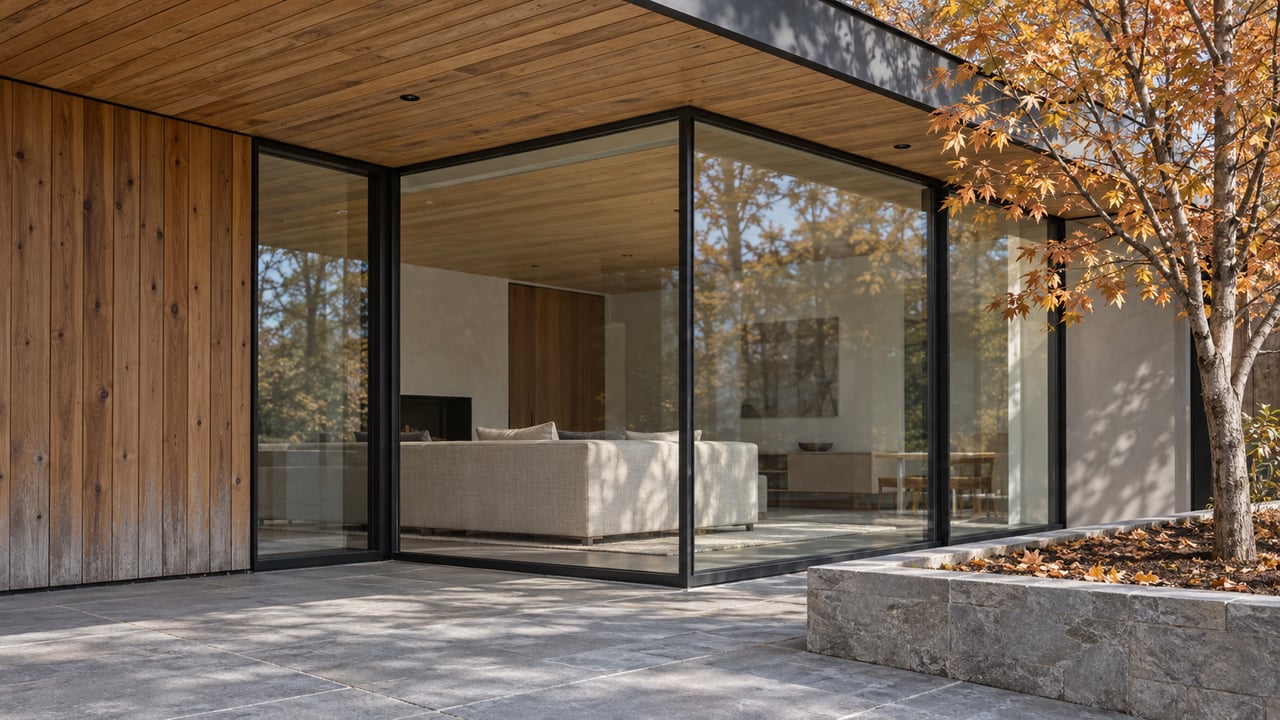 Contemporary home's cedar-lined overhang and black-framed glass above a limestone terrace beside an amber-leaved sugar maple.