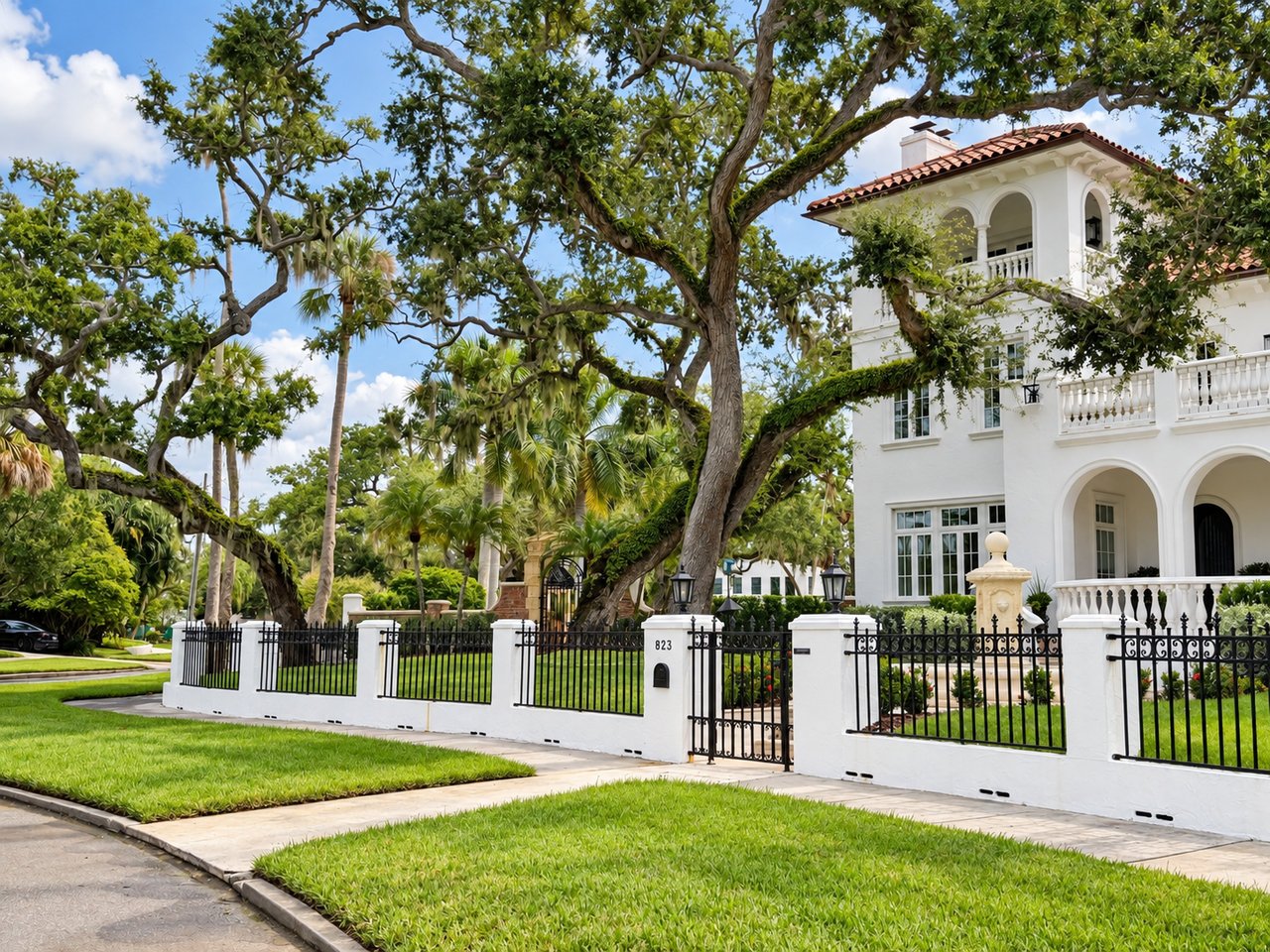White stucco home with arched balconies, red tile roof, and black iron fence beneath mature trees.