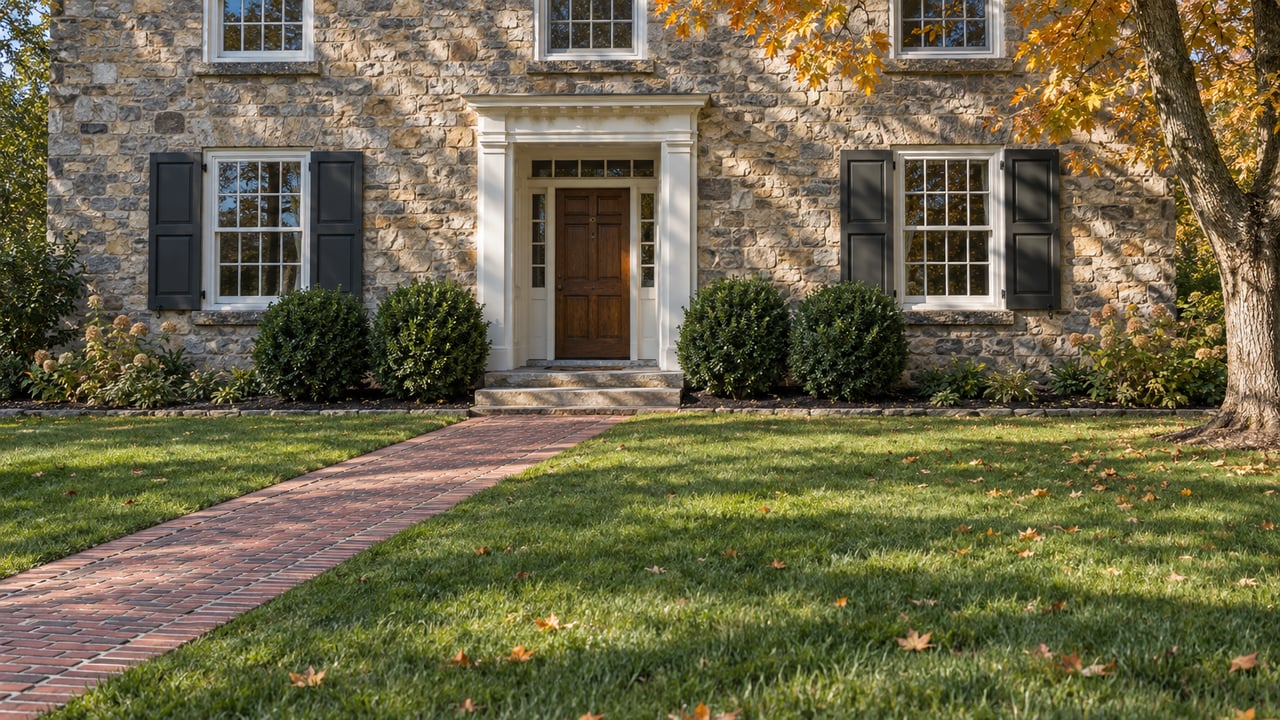 Stone house with paired shuttered windows, an oak entrance, brick approach and a deep lawn beneath amber maple leaves.