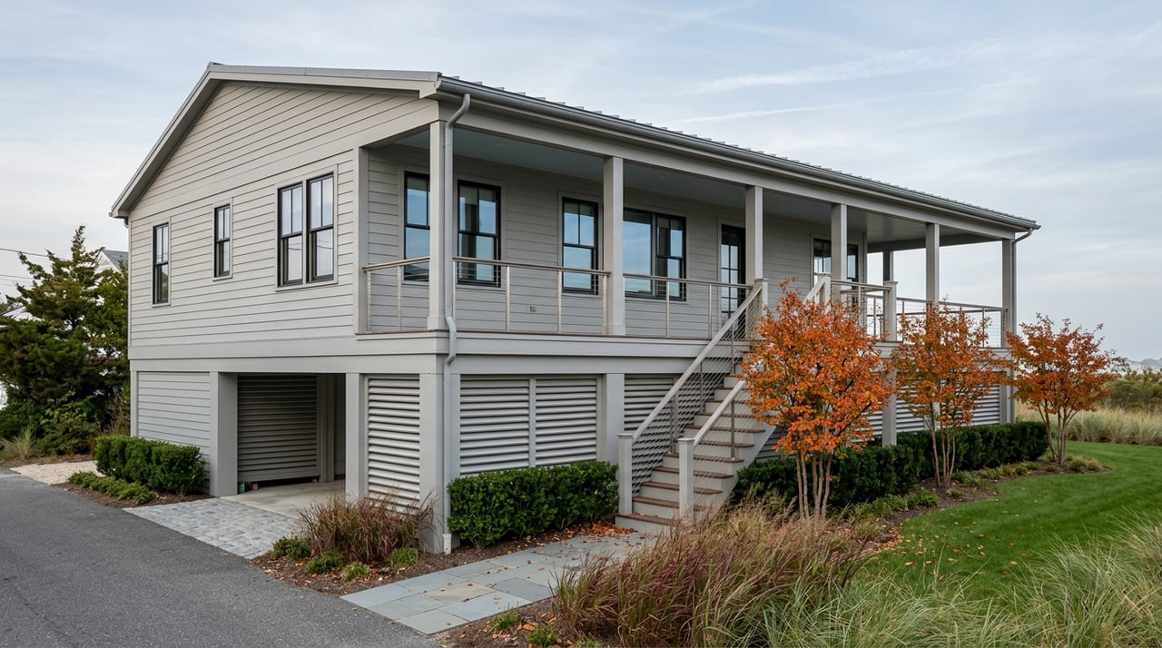 Raised coastal home with gray siding, open stair, covered porch, and fall-colored trees.