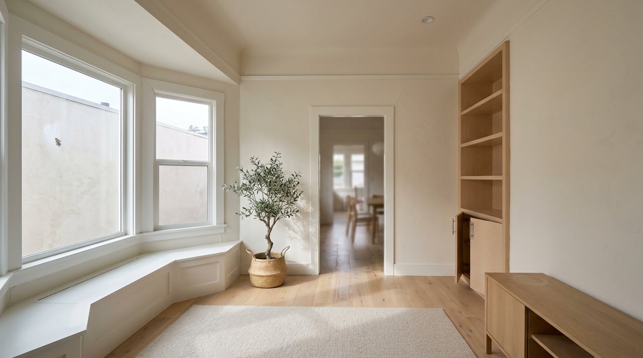 Apartment interior with a bay window bench, built-in shelving, olive tree, and oak flooring.