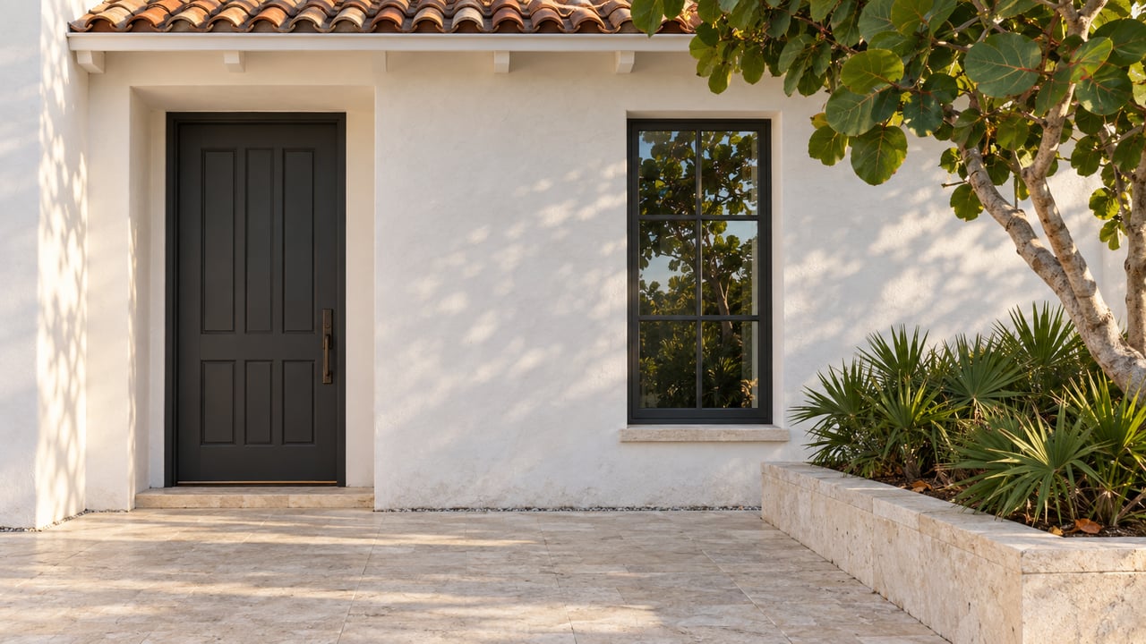 White stucco entrance with a charcoal paneled door, divided-light window, limestone terrace, and sea grape tree.