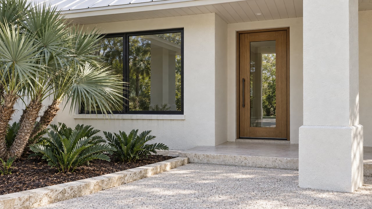 Sunlit ivory stucco home entry with an oak-and-glass door, black-framed window, shell-aggregate approach and silver saw palmetto planting.