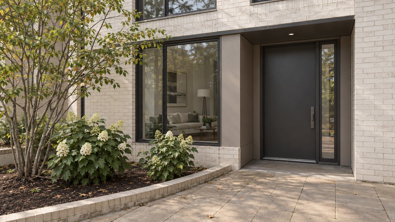 Attached residential entry with a charcoal door, glazed windows, brick planter, and small tree among hydrangeas.