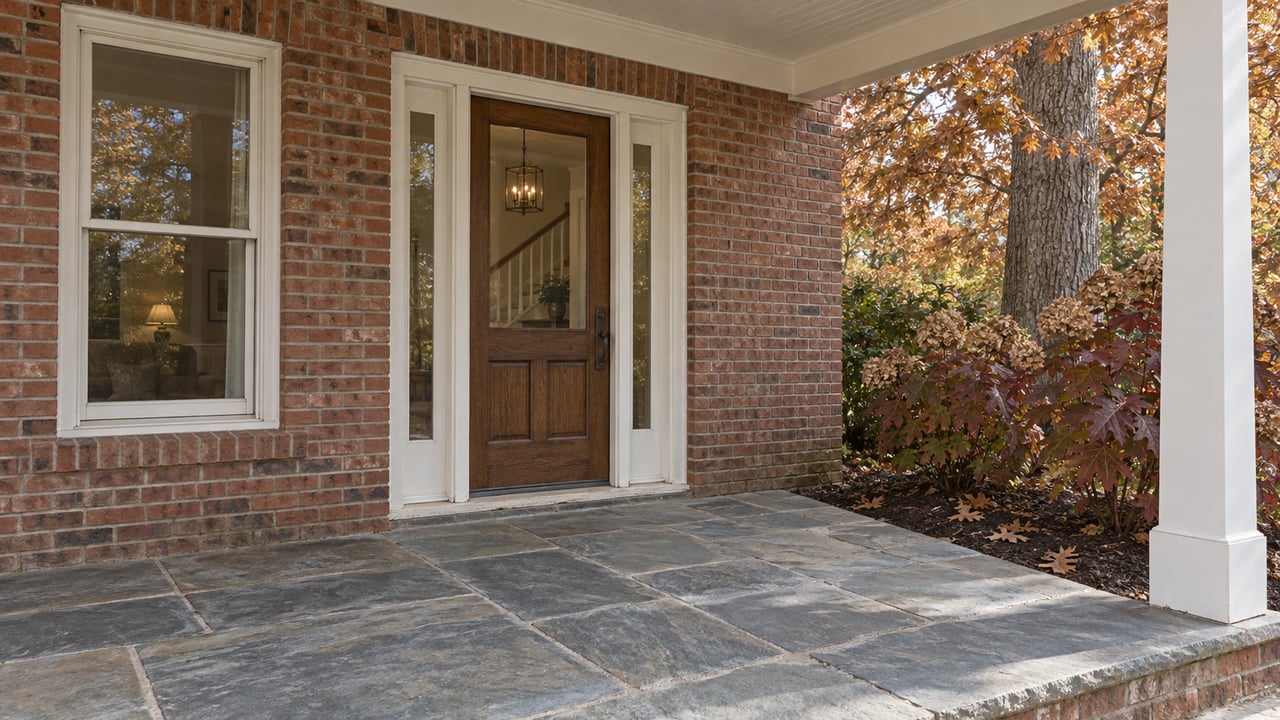 Covered brick entry with an oak door, blue-gray stone paving and autumn oakleaf hydrangeas.