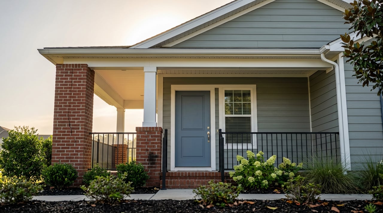 Gable-front home porch with a brick pier, white post, black railing, and slate-blue door beneath a glowing roofline.