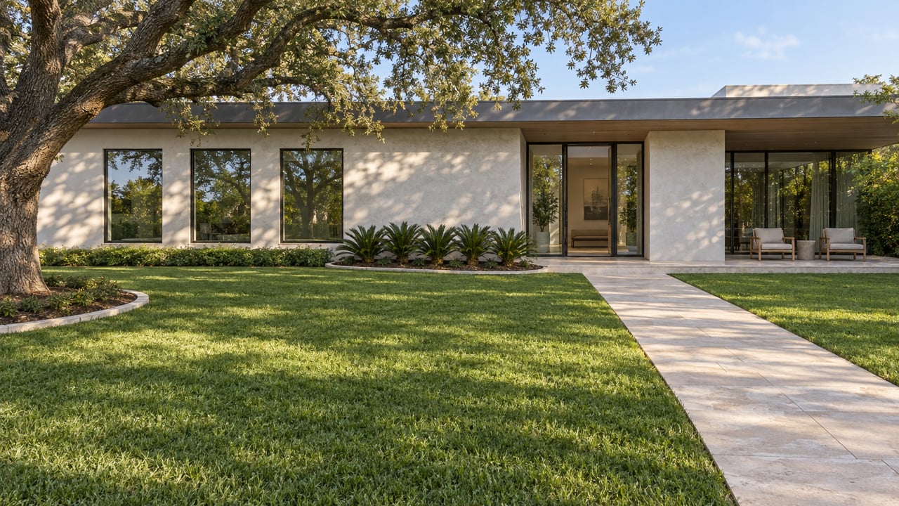 Contemporary off-white home beyond a broad lawn, with a spreading live oak, limestone approach and dark-framed glazing.
