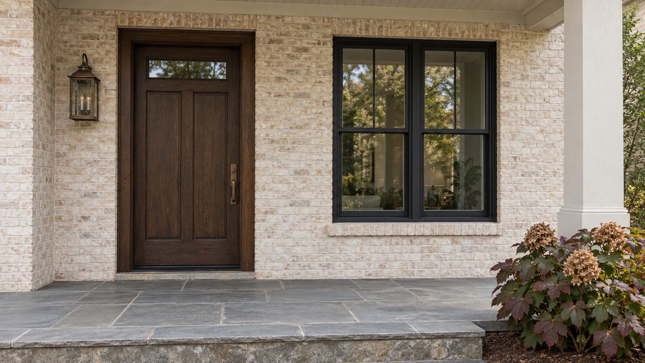 Covered home entry with ivory limewashed brick, a dark oak door, paired black window sashes, and a bluestone landing beside oakleaf hydrangea.