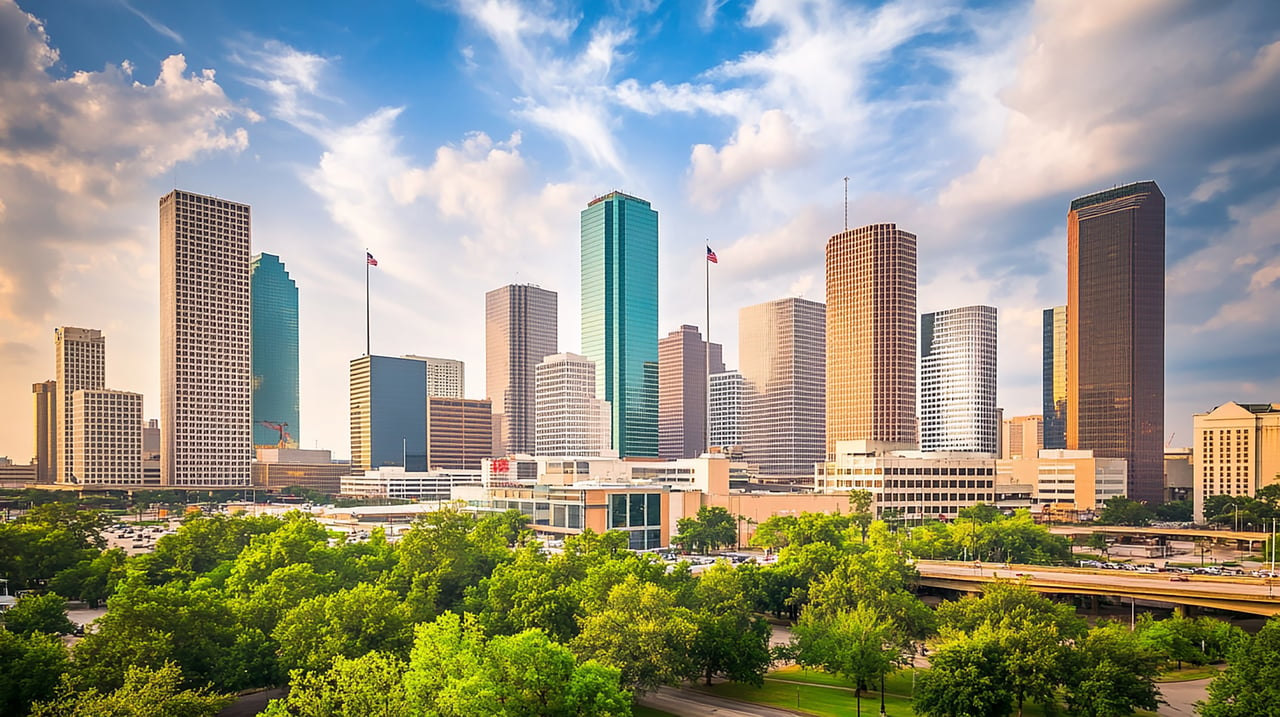 Panoramic view of the Houston, Texas skyline featuring modern high-rise buildings surrounded by lush greenery and a clear blue sky, showcasing the vibrant urban landscape for the Neighborhood Overview.