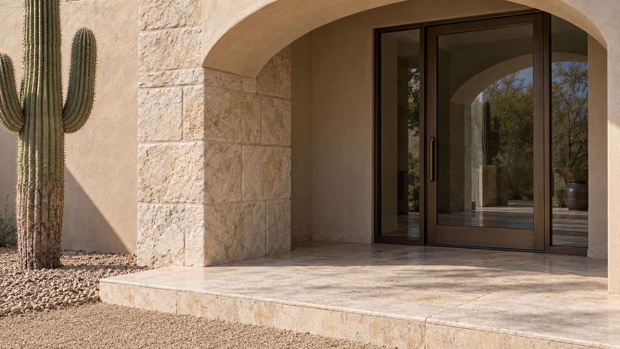 Sunlight reveals sand-colored plaster and limestone around a shaded glass entry, with a mature two-armed cactus beside the raised stone landing.