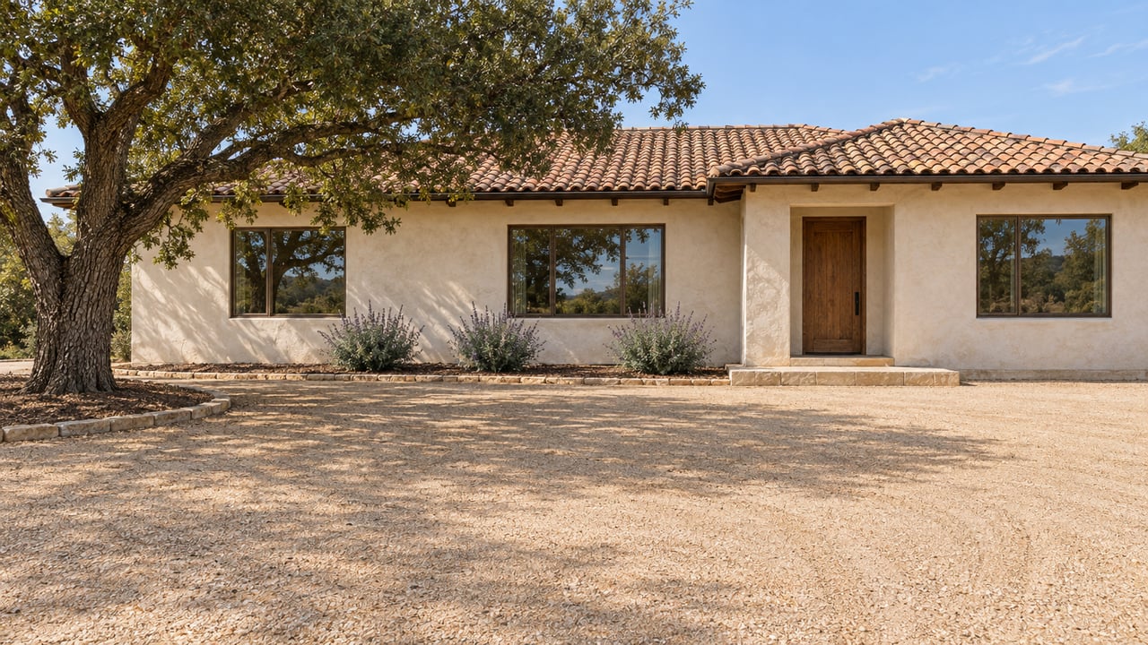 Cream stucco ranch home with a weathered terracotta roof, broad gravel approach and mature oak tree.