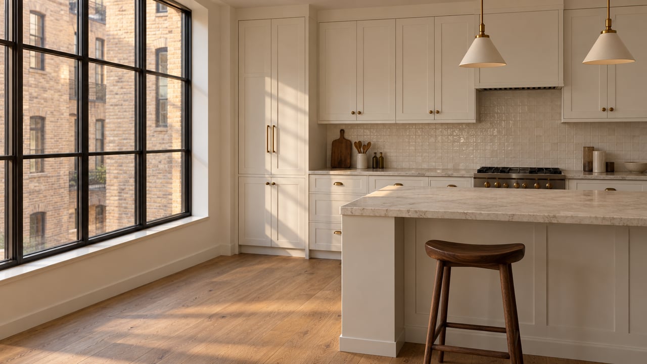 Apartment kitchen with a limestone island, walnut stool, oak floor, and sunlight through a black-framed window.