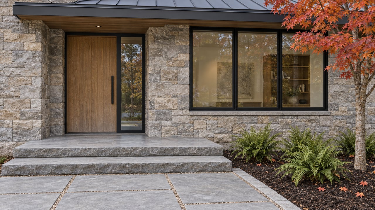 Stone-clad contemporary home entrance with an oak door, black-framed windows, broad stone steps, and red maple foliage.