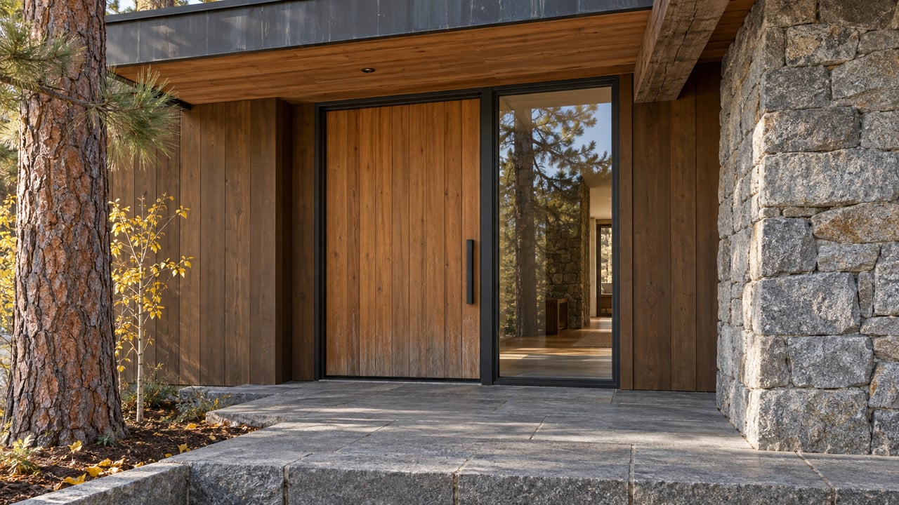 Cedar and glass entry of a forest-set home beneath a timber soffit, with stacked granite walls and a raised stone landing beside golden aspen leaves.