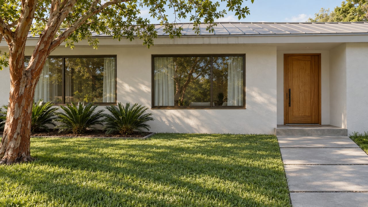 Sunlit white stucco home with bronze-framed windows, a recessed wood door, concrete entry path and a copper-barked tree above a green front lawn.