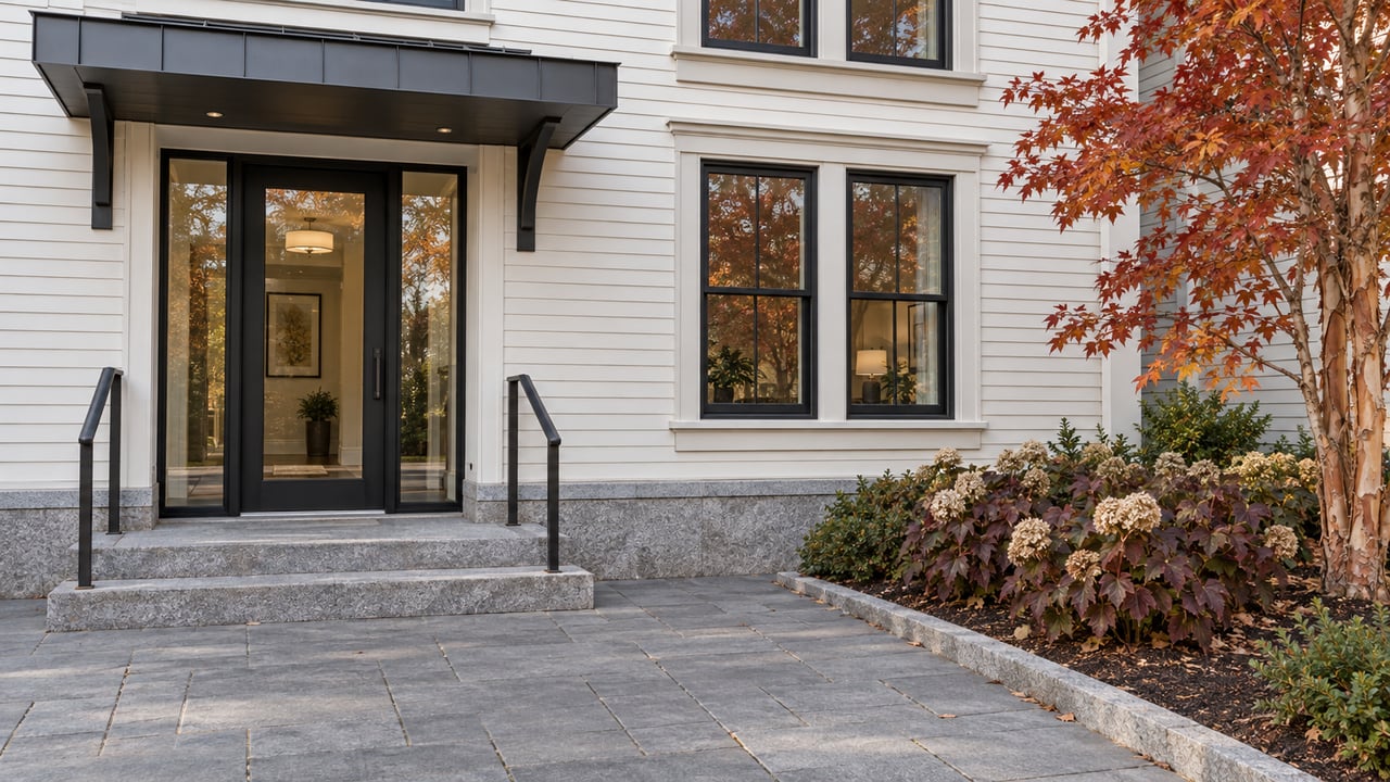 White clapboard apartment entrance with black-framed glazing, granite steps and a paperbark maple in autumn color.