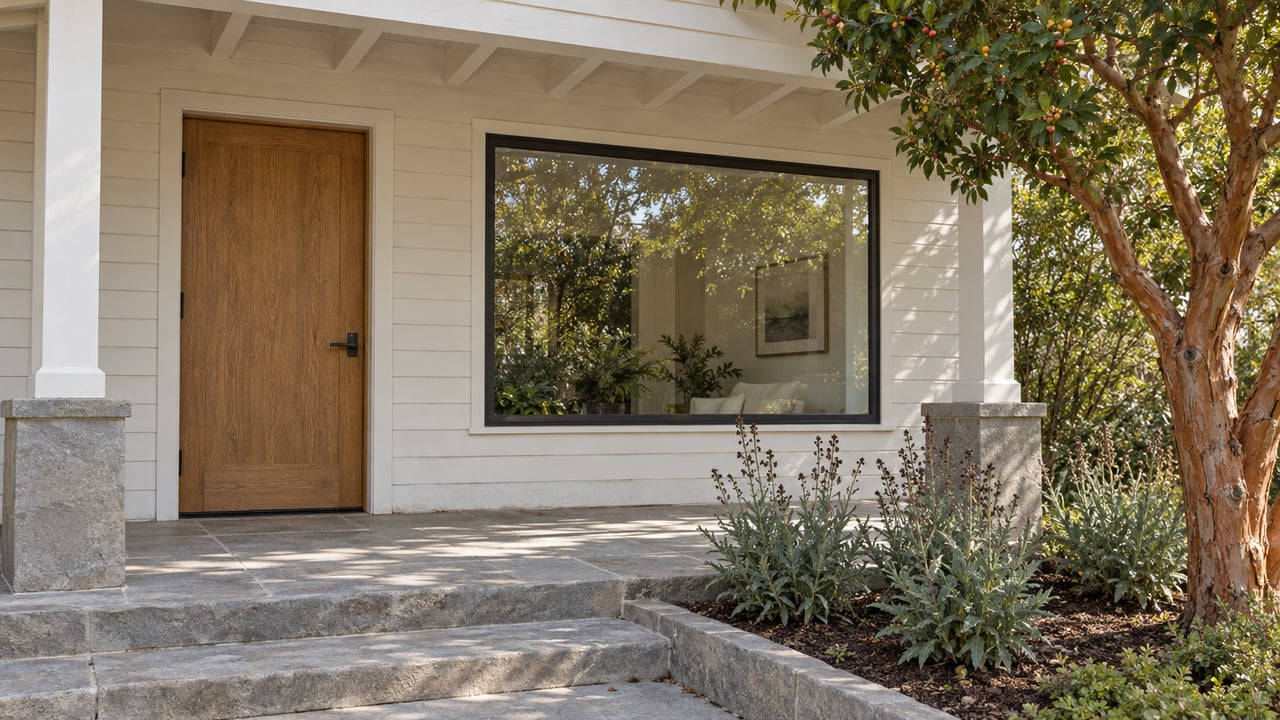 Covered home entrance with an oak door, off-white wood siding, sandstone steps and a sculptural evergreen tree.