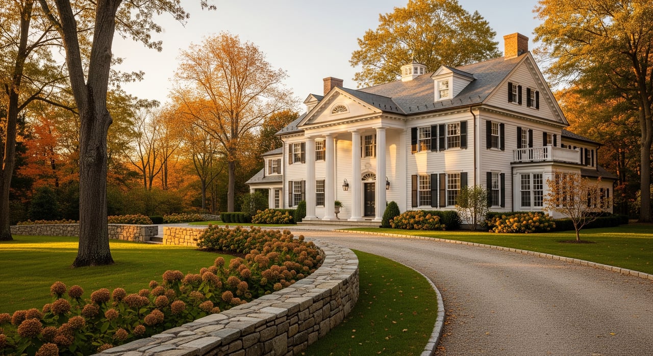 White colonial mansion with a columned entrance beside a curving stone wall, surrounded by autumn trees.