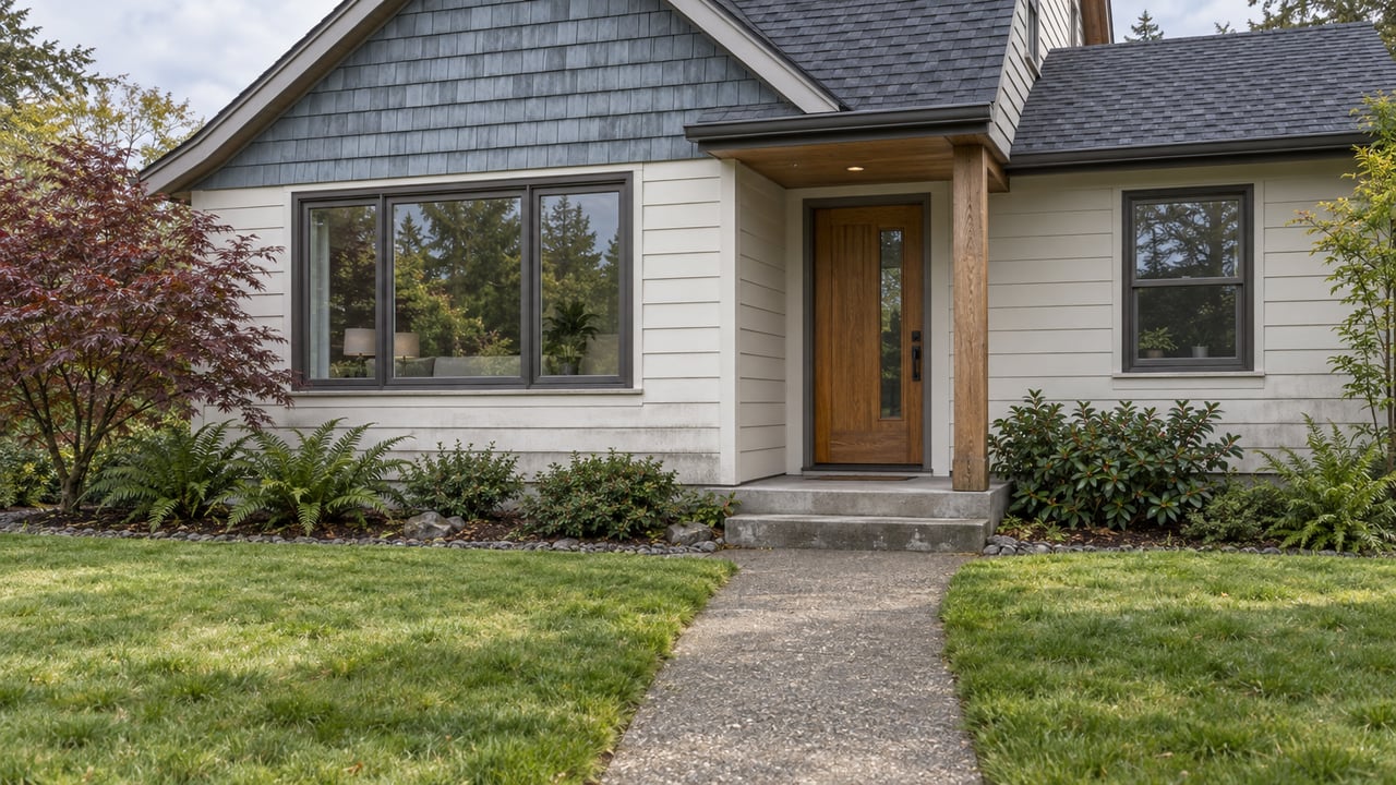 Blue-gray shingled house with off-white siding, oak entry, concrete path, lawn, and a small Japanese maple.