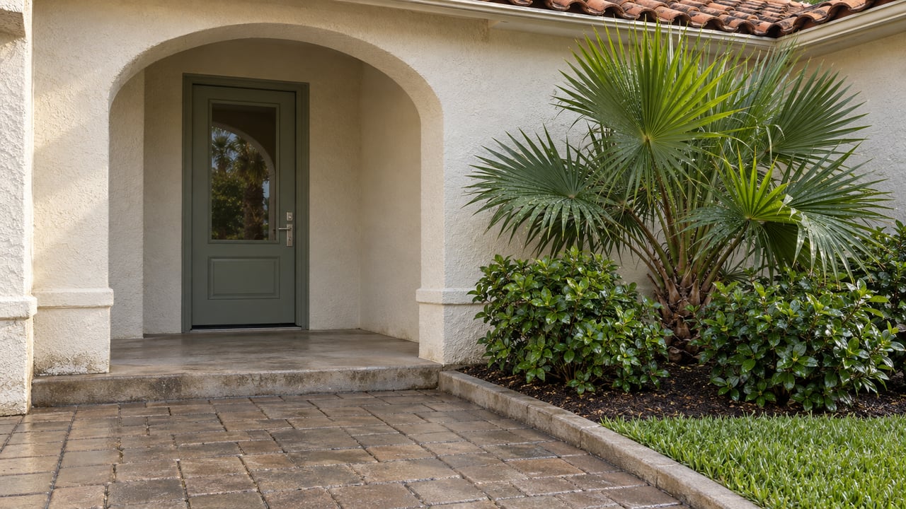 A recessed arched stucco entry with a sage glazed door, terracotta roof tiles, damp concrete pavers and a dwarf palmetto.
