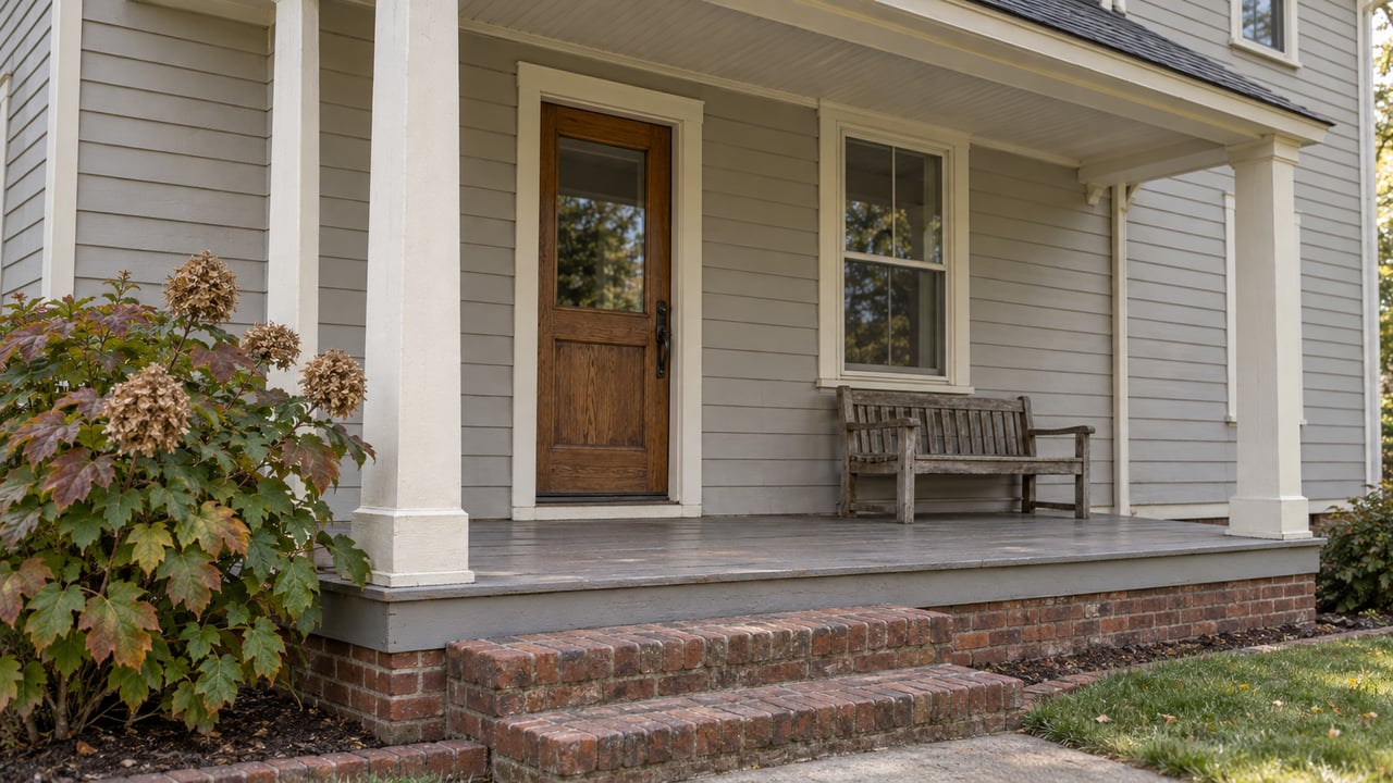 A weathered wood-sided home's covered porch with a glazed oak door, cream posts, brick steps and an oakleaf hydrangea.