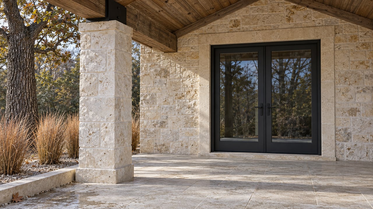 Close view of a limestone terrace column, weathered cedar overhang and closed dark-framed glass doors beside winter grasses.