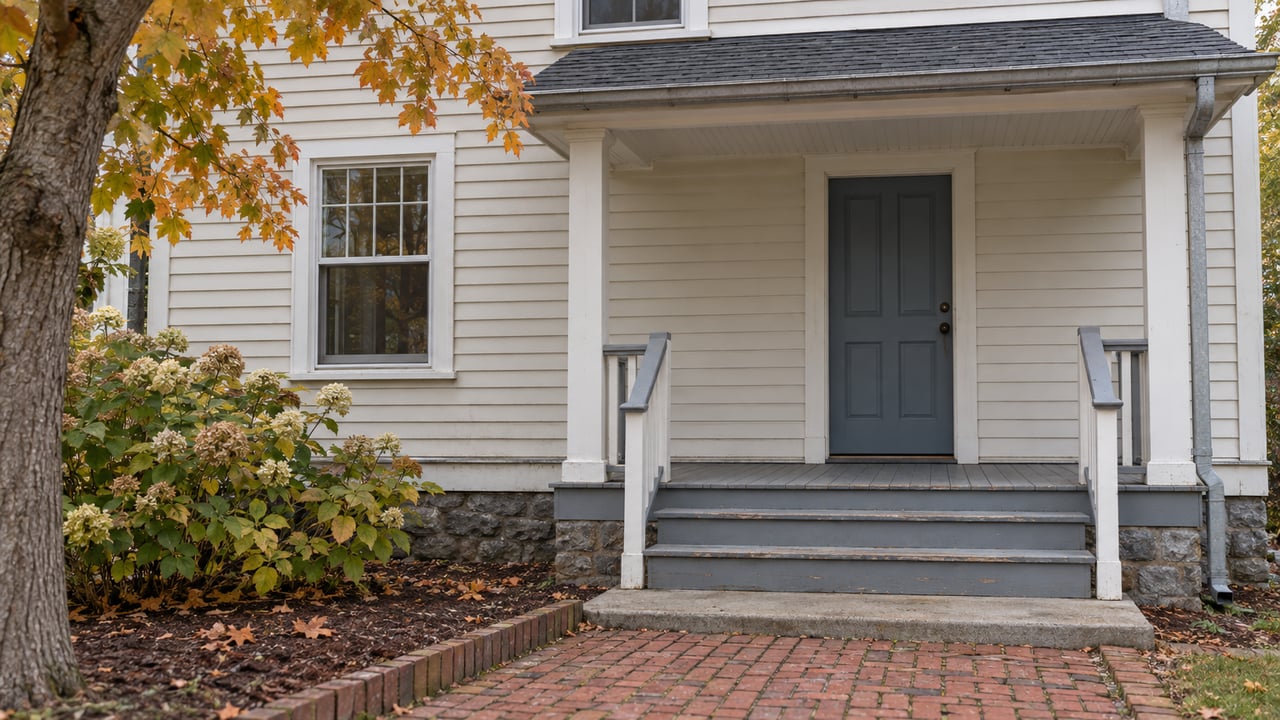 Ivory clapboard house with a blue-gray front door, worn painted porch steps, a brick approach and amber maple leaves.