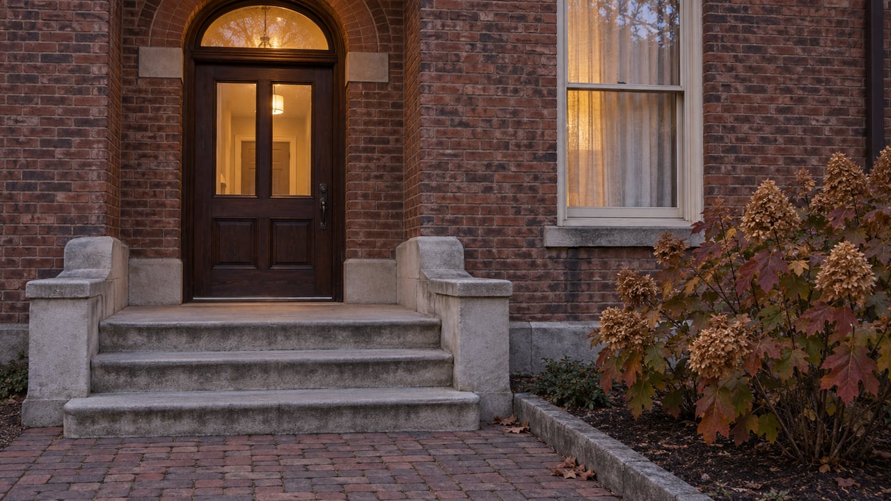 Brick residential entrance at blue hour with an arched transom, worn limestone steps, clay paver approach and autumn oakleaf hydrangea.