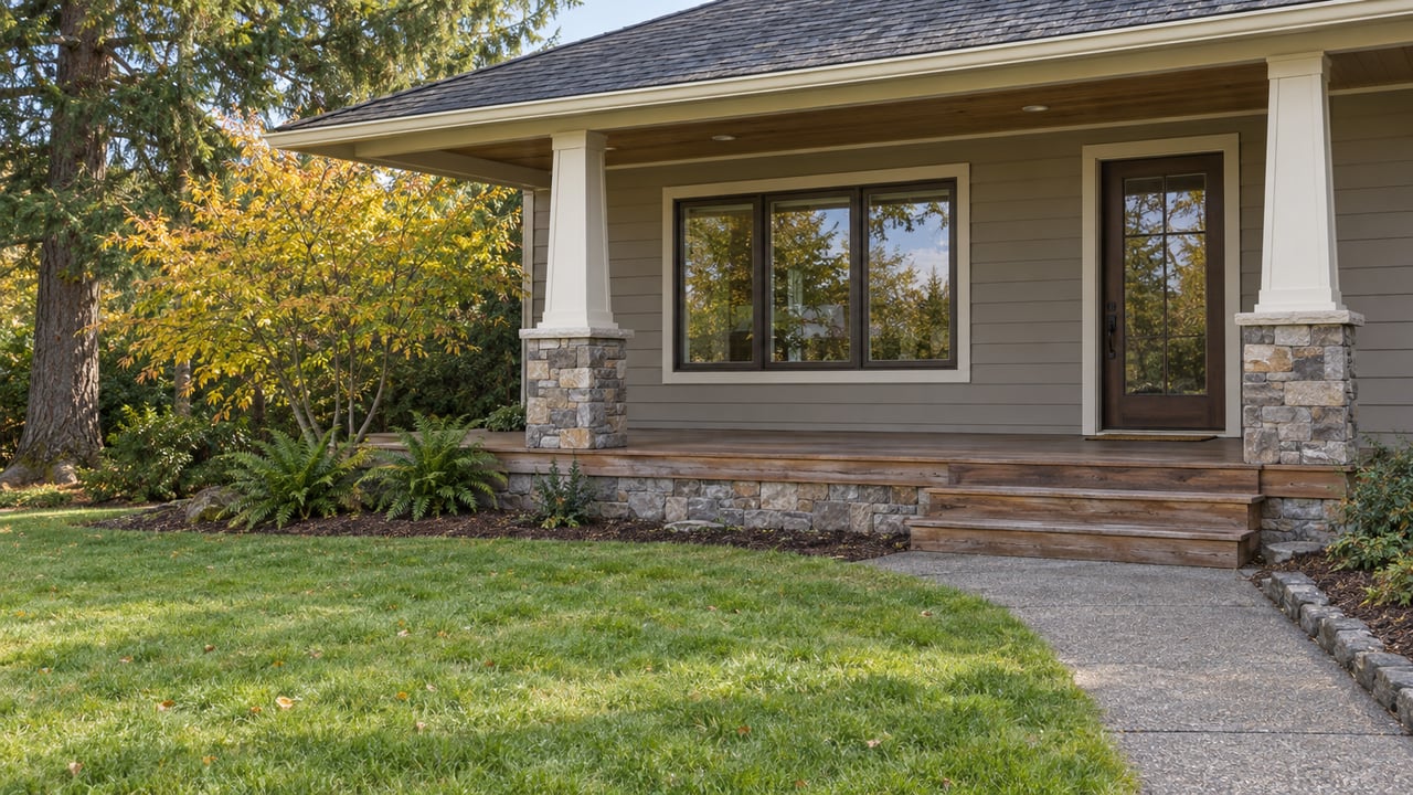 Gray-sided home with a cedar porch, stone foundation, broad lawn, and an autumn vine maple beside the steps.