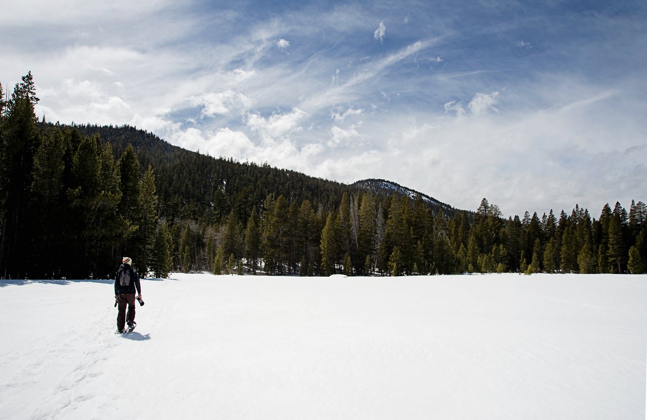 Snowshoeing through a serene snowy forest near Incline Village in Lake Tahoe, showcasing winter activities beyond skiing and snowboarding.