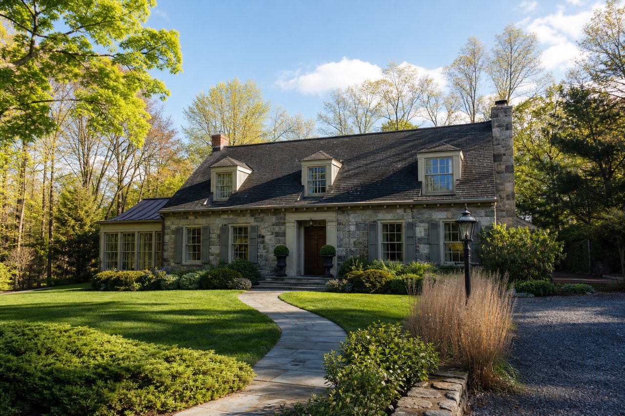 Stone house with three dormer windows, a tall chimney, and a curved garden walkway.