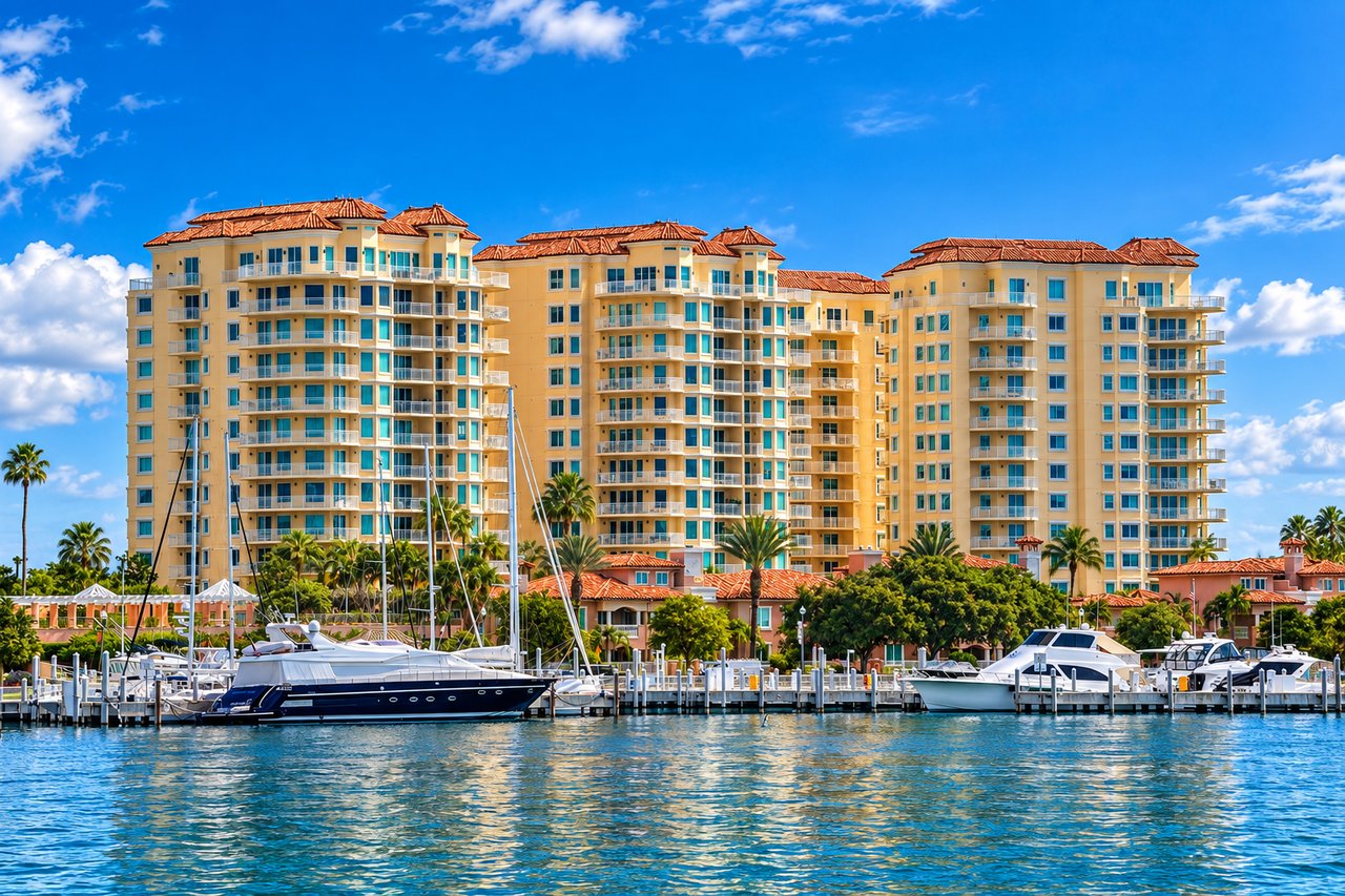 Vinoy Place condominium towers overlooking a marina, with boats docked along the waterfront.