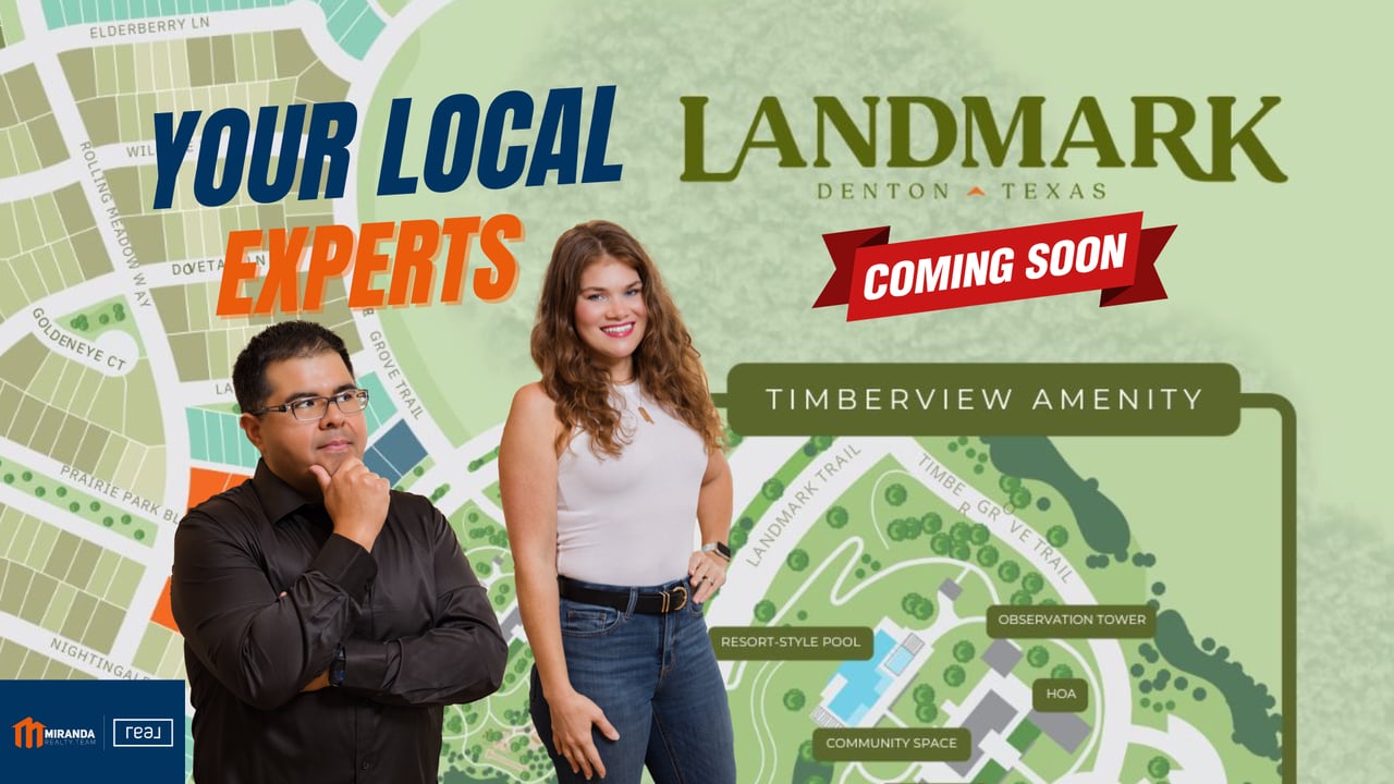 Edson Miranda, Landmark by Hillwood Realtor in Denton, with Paige Miranda next to community master plan map