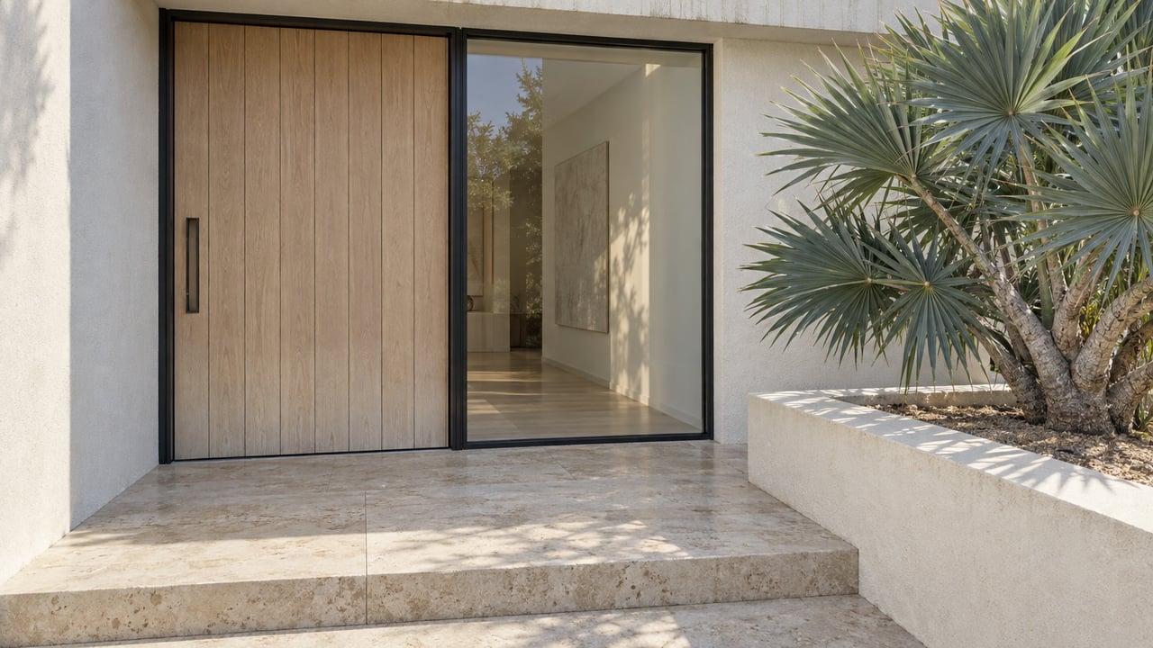 Sunlit contemporary home entrance with a pale timber door, full-height sidelight, limestone steps, and a sculptural fan aloe in a raised stucco planter.