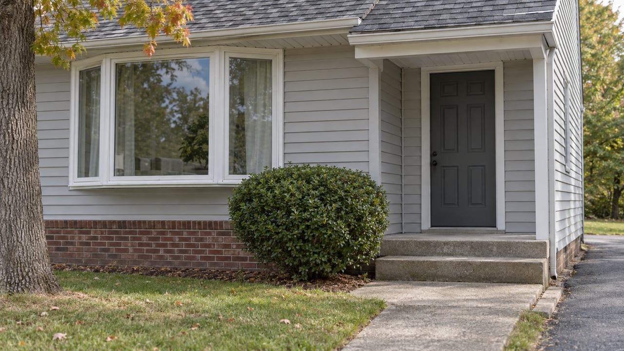 Suburban home entry with a charcoal door, gray siding, brick foundation, concrete steps, and a broad living-room window.