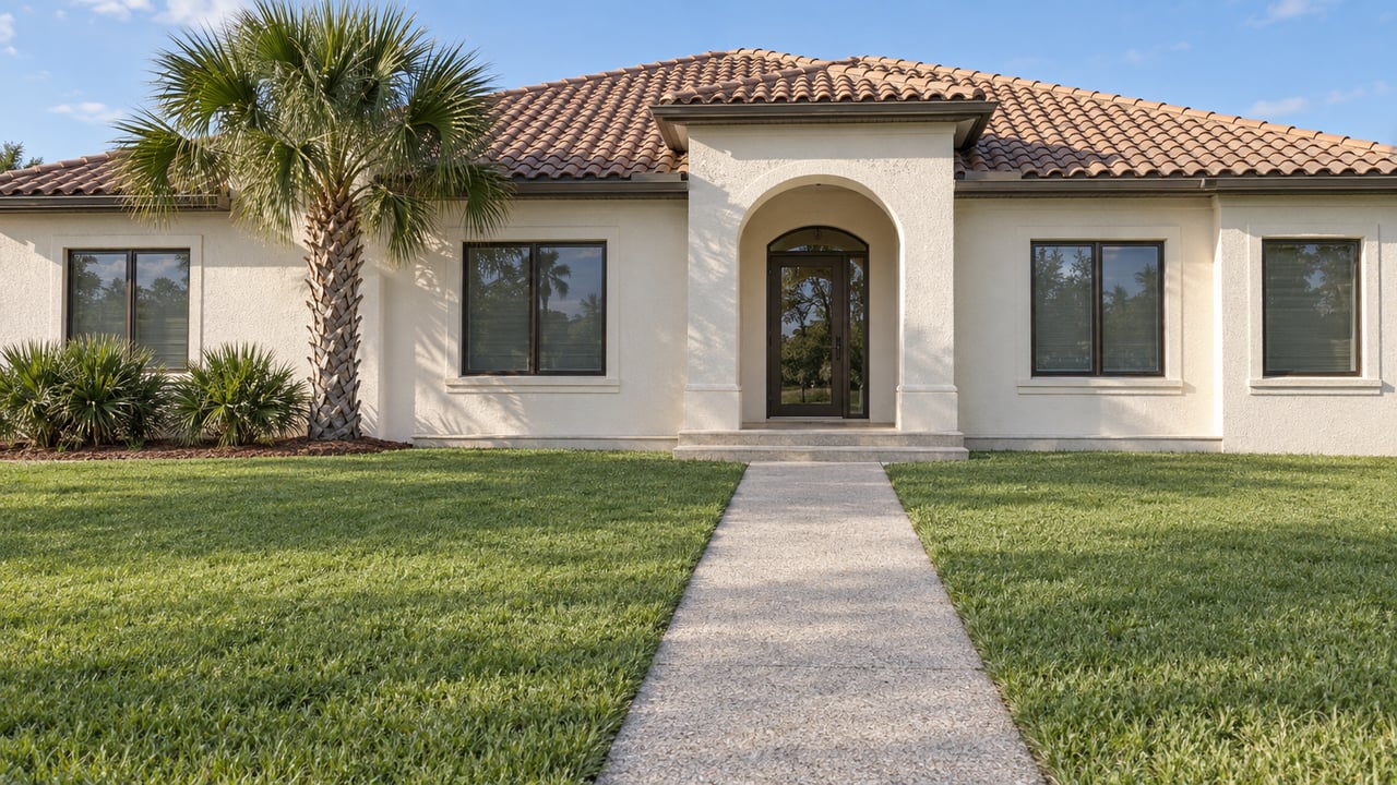Sunlit white stucco home with a pale terracotta roof, bronze-framed windows and an arched glass entry beyond a deep lawn and shell-aggregate walkway.