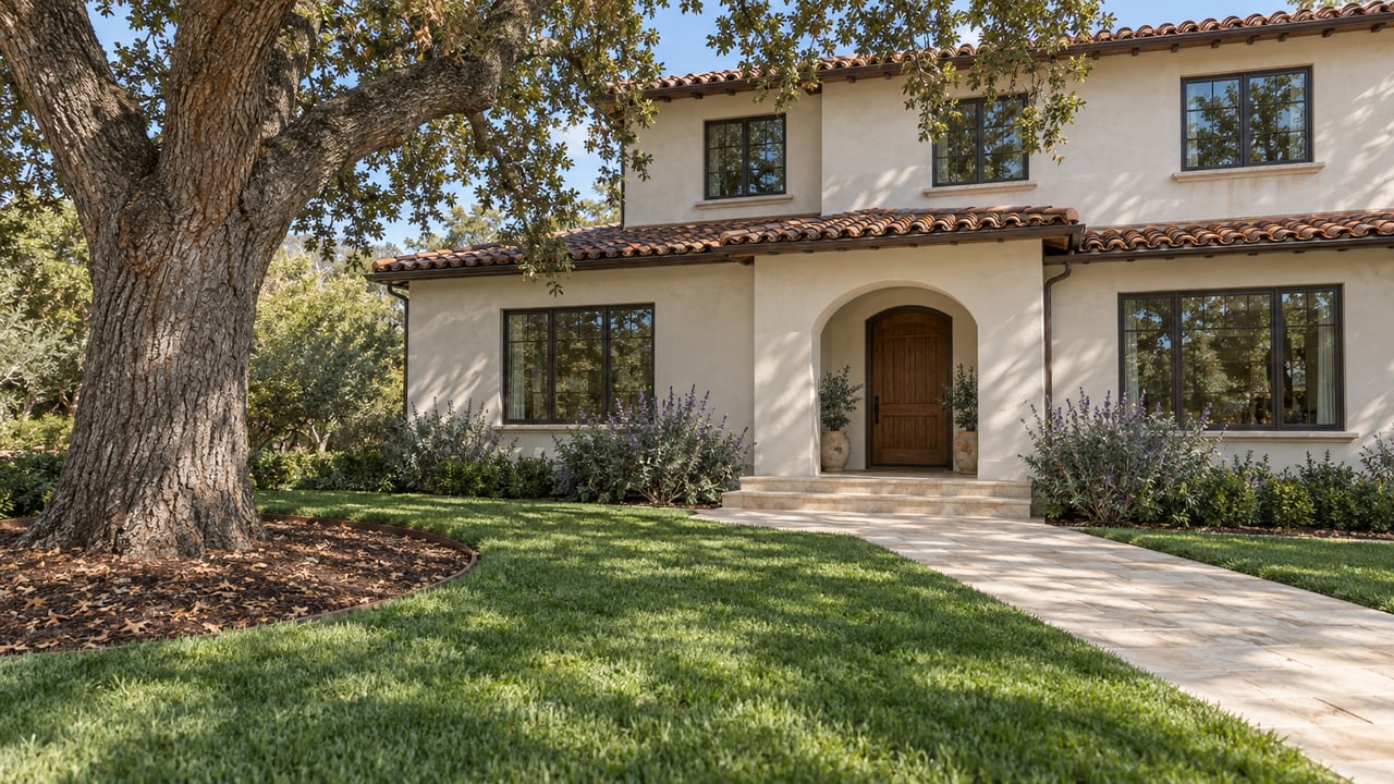 A mature oak shades the deep front garden of a cream stucco home with terra-cotta roofing and a limestone entry walk.