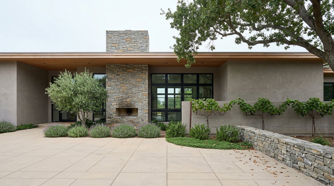 Custom estate with a stone chimney, black-framed windows, and grapevines trained along a low garden wall.